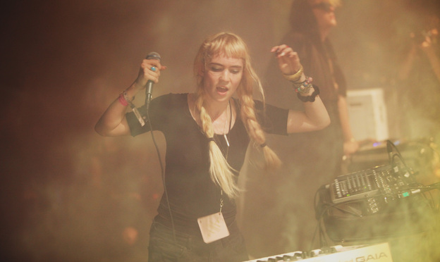 Claire Boucher, a.k.a. Grimes, on stage on Saturday during the Pitchfork Music Festival in Chicago.