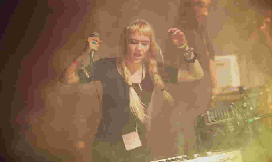 Claire Boucher, a.k.a. Grimes, on stage on Saturday during the Pitchfork Music Festival in Chicago.