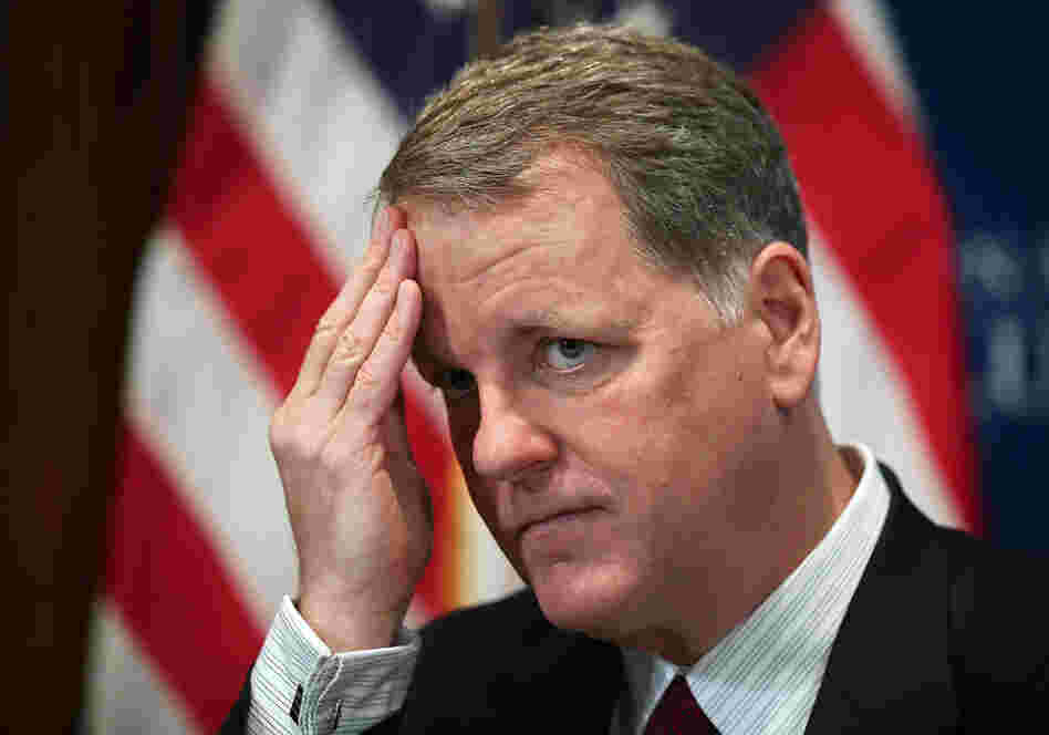 US Airways CEO Doug Parker waits to be introduced prior to his address to a National Press Club Newsmaker Luncheon in Washington, DC.