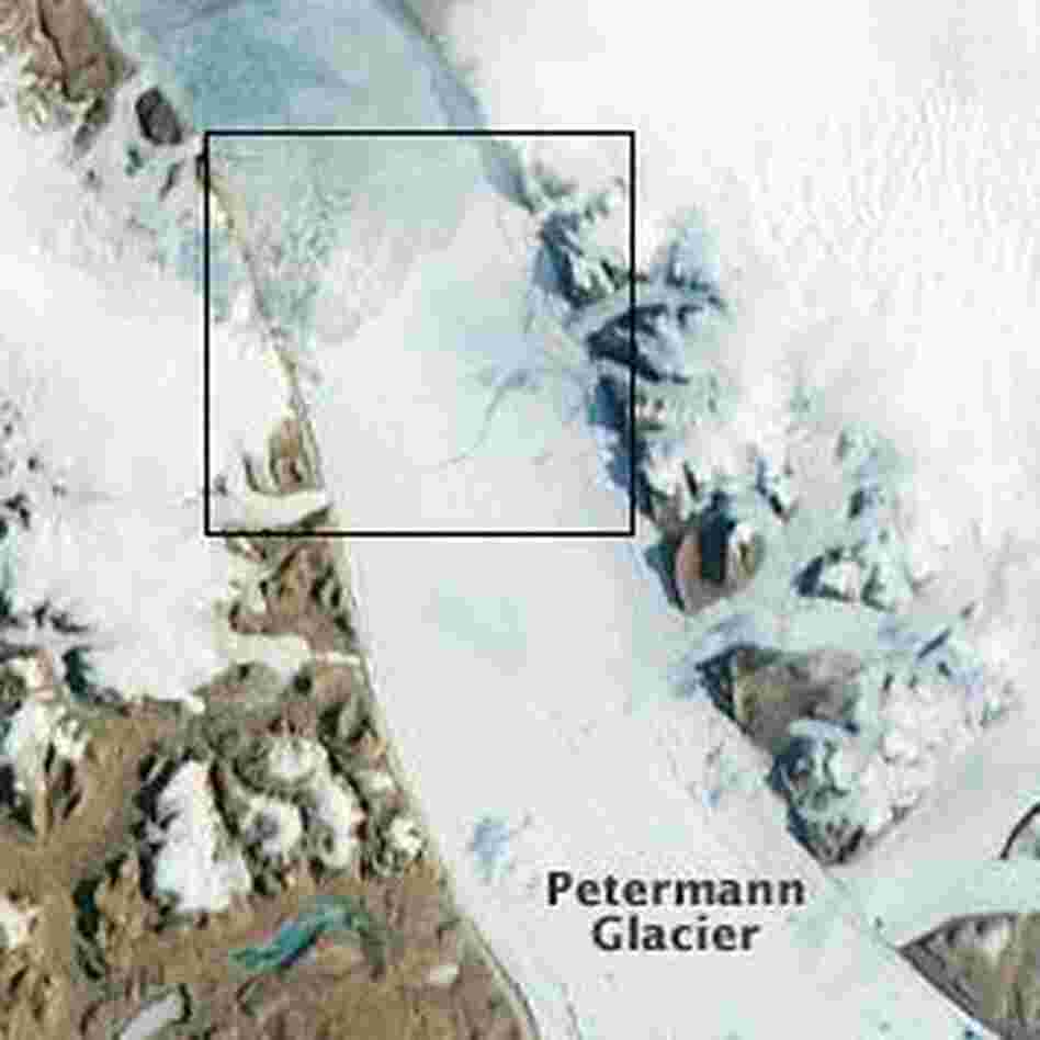 A view of the glacier taken Monday morning. Inside the square: the area that was starting to break off. A view of the glacier taken Monday morning. Inside the square: the area that was starting to break off.
