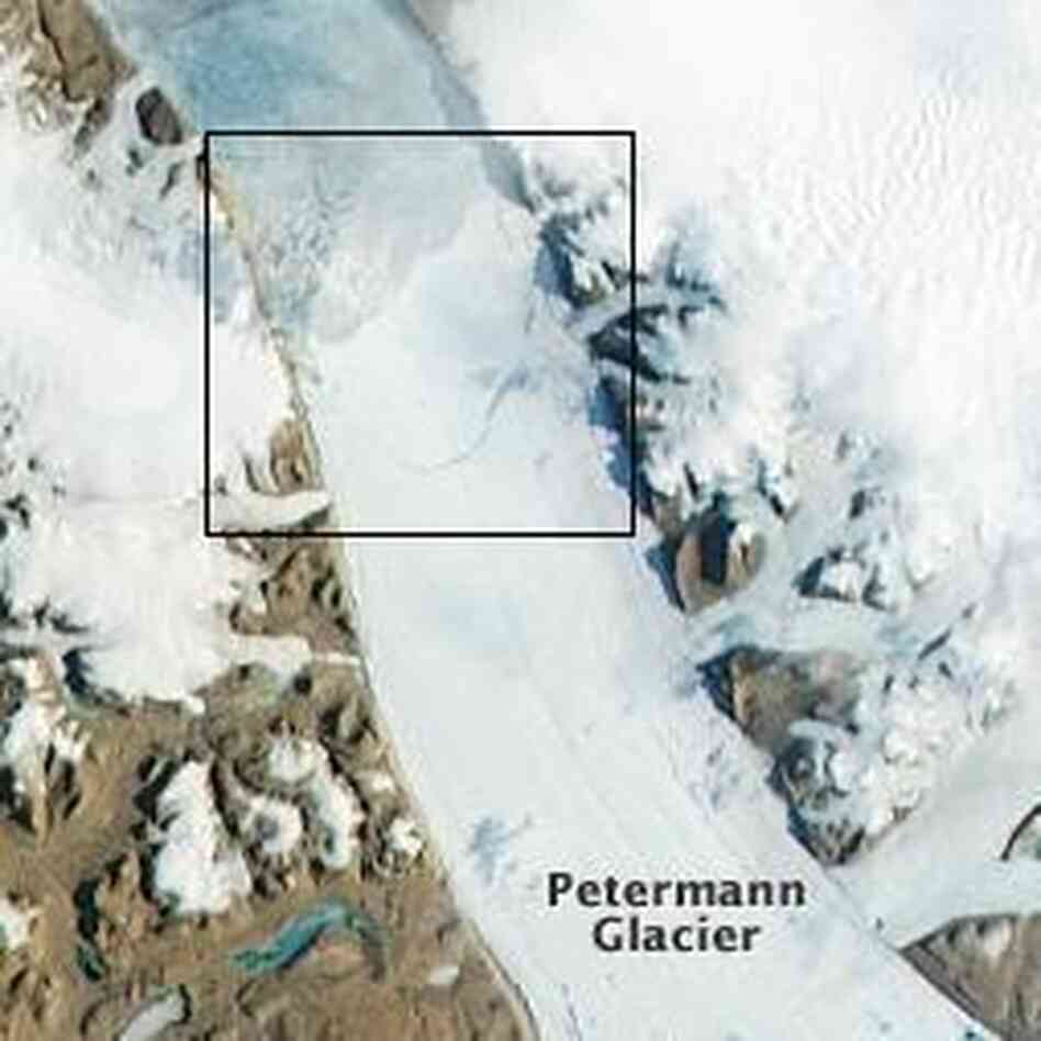 A view of the glacier taken Monday morning. Inside the square: the area that was starting to break off. A view of the glacier taken Monday morning. Inside the square: the area that was starting to break off.
