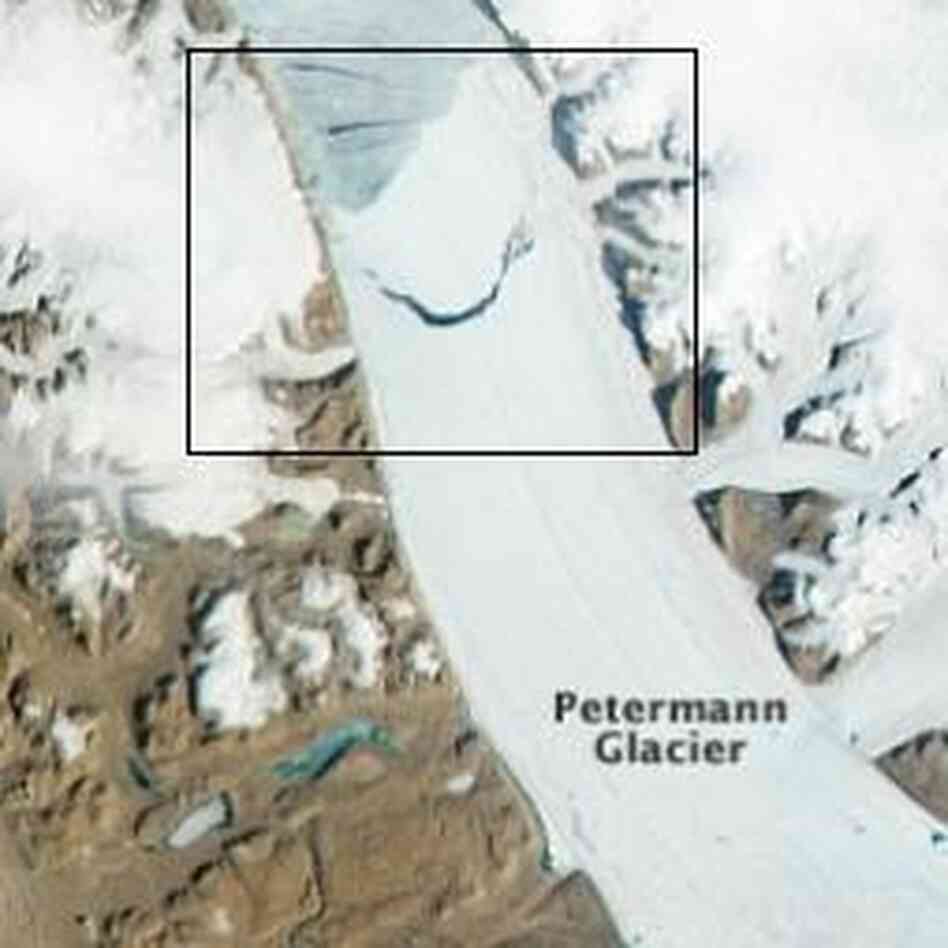 A view of the glacier taken midday Monday. Inside the square: the area that was starting to break off. A view of the glacier taken midday Monday. Inside the square: the area that was starting to break off.