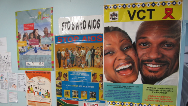 Anti-AIDS posters at the Eshowe public health clinic in Kwazulu Natal, South Africa. Clinicians there are hoping to slow the spread of HIV by getting more people treatment.
