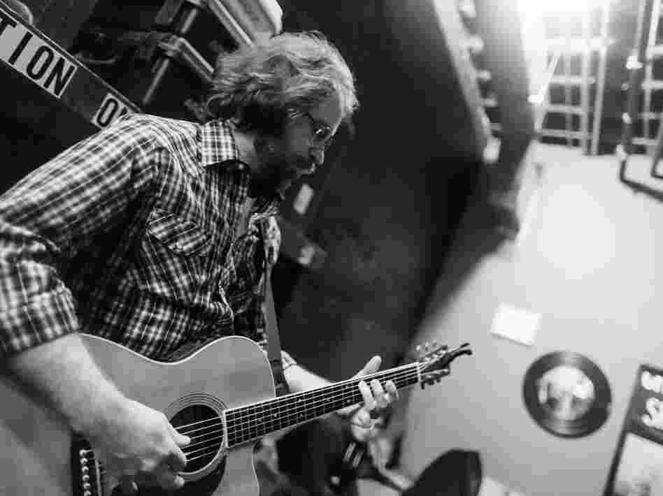 Jonathan Coulton, resident musician for Ask Me Another, backstage before the show's final taping during season one at The Bell House in Brooklyn, NY.