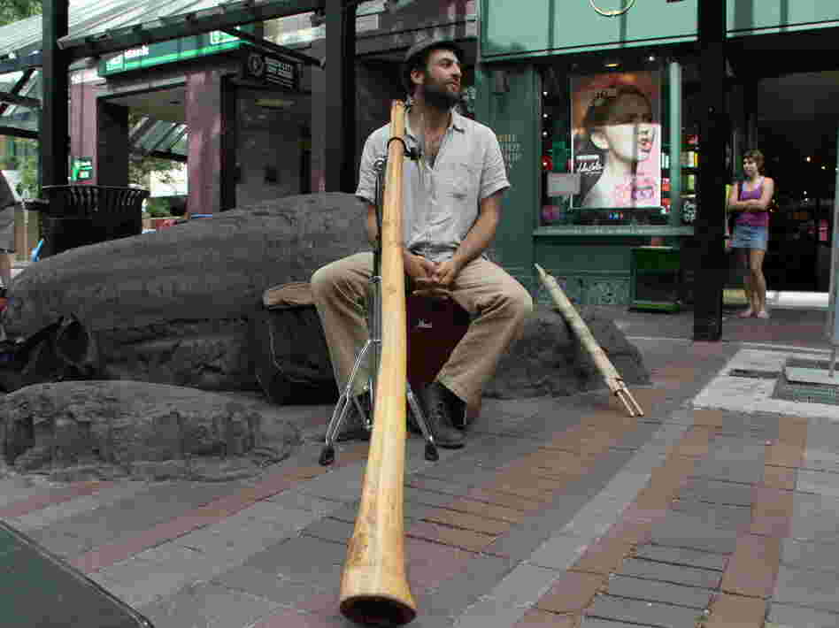 Michael "Tree" Sampson plays the didgeridoo on the streets of Burlington, Vt.