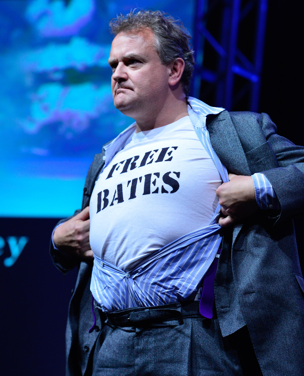 Hugh Bonneville, who plays the Earl of Grantham on Downton Abbey, shows his feelings during the press tour presentation Saturday night.