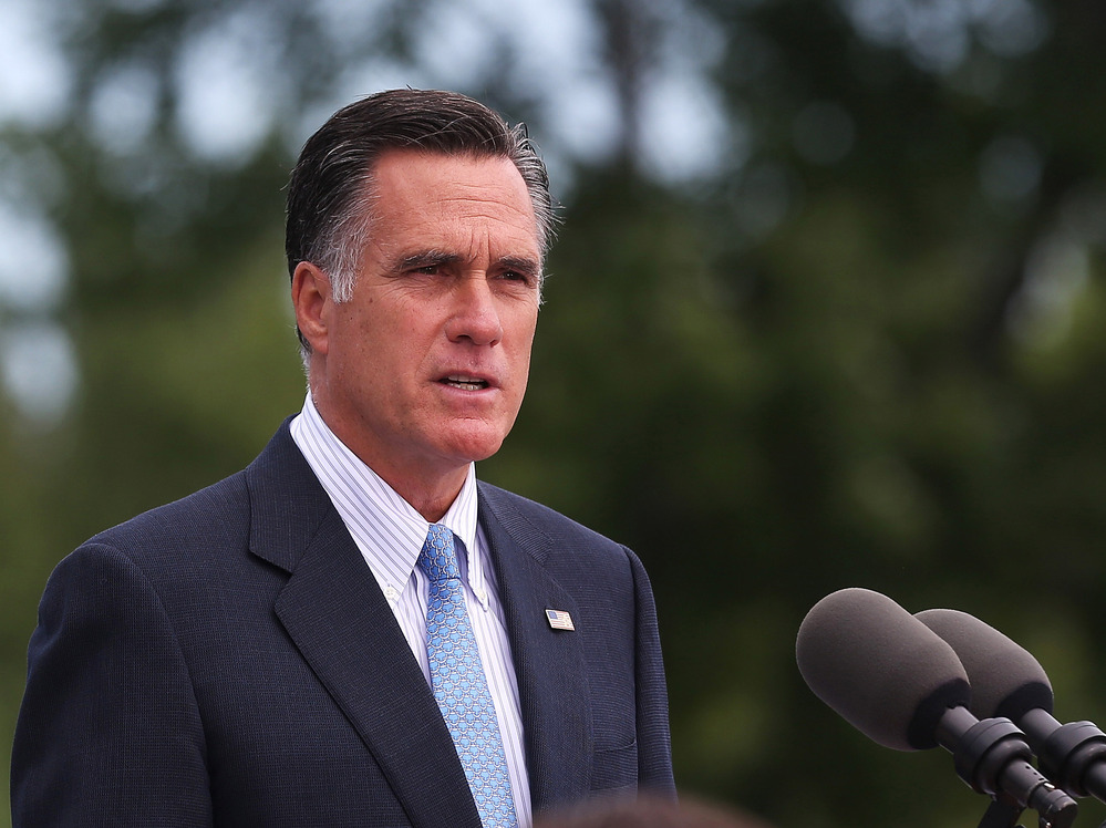 Republican presidential candidate Mitt Romney speaks in Bow, N.H., on July 20. On his upcoming trip, Romney plans to make stops in the United Kingdom, Israel and Poland.