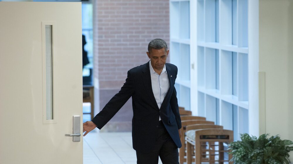 President Obama at the University of Colorado Hospital in Aurora, Colo., on Sunday, when he met with  victims and family members of last week's shooting.