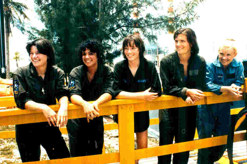 Some of NASA's first female astronaut candidates take a break from training in Florida in 1978. From left: Sally Ride, Judith Resnik, Anna Fisher, Kathryn Sullivan and Rhea Seddon