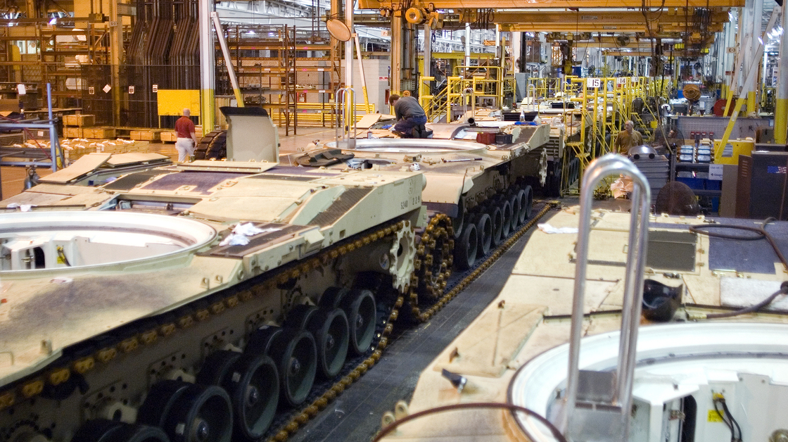 M1 Abrams tanks sit on the assembly line at a plant in Lima, Ohio, the only place where the tanks are manufactured. Plant and local officials fear the plant won't survive if the military temporarily halts new tank orders.
