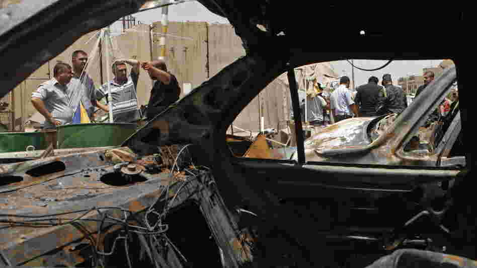 In Baghdad's Sadr City district, the view through a vehicle that was destroyed in one of today's attacks.