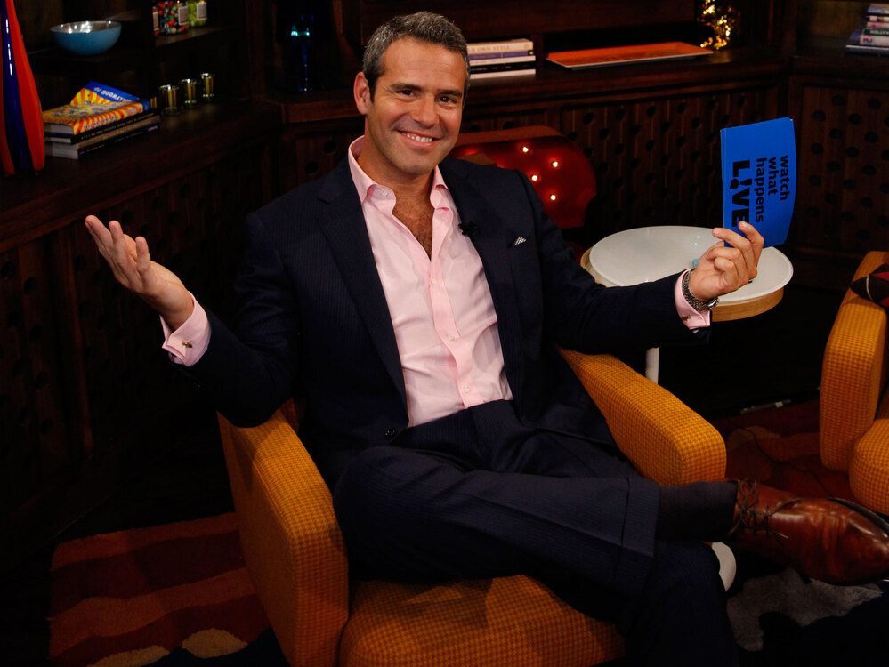 Andy Cohen on the set of his nightly Bravo talk show, Watch What Happens: Live. Cohen is also Bravo's executive vice president of development and talent, and has helped make Bravo a pop-culture heavyweight.