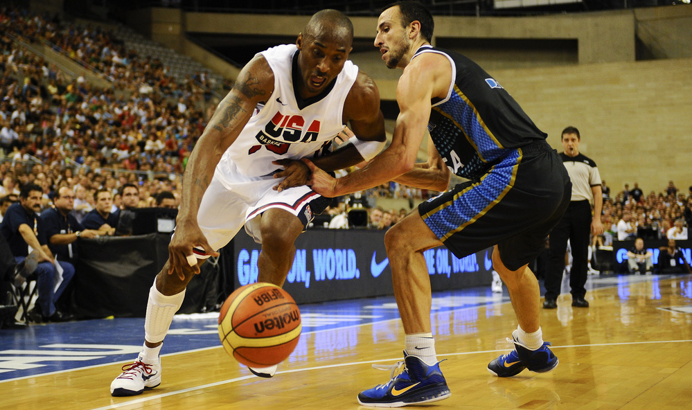 Kobe Bryant (left) drives against Manu Ginobili of Argentina during an exhibition game between USA and Argentina in Barcelona, Spain, Sunday. The U.S. team faces another test Tuesday, against  world No. 2 Spain.