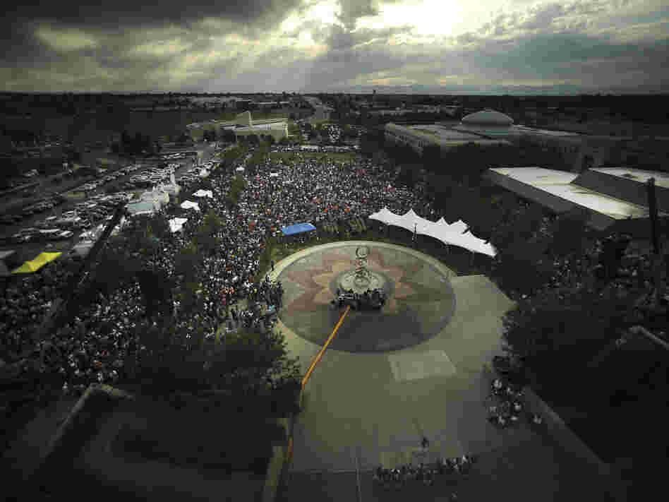 The crowd gathers at Sunday's prayer vigil for the victims of the Century 16 theater shooting at the Aurora Municipal Center campus.