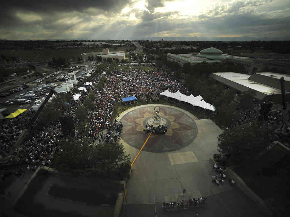 The crowd gathers at Sunday's prayer vigil for the victims of the Century 16 theater shooting at the Aurora Municipal Center campus.