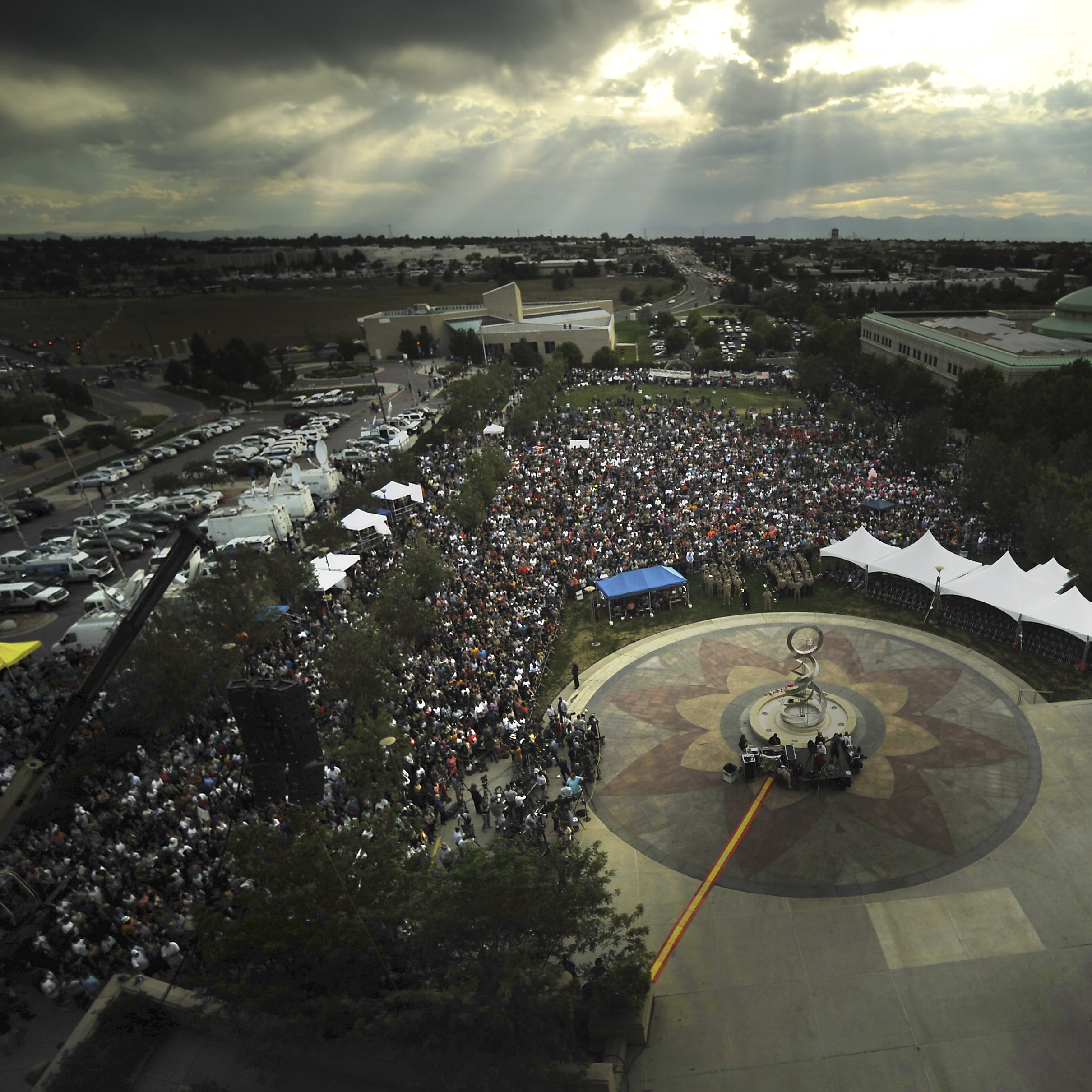 The crowd gathers at Sunday's prayer vigil for the victims of the Century 16 theater shooting at the Aurora Municipal Center campus.