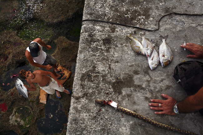 A teenage boy prepares to throw a freshly caught fish along the Malecon in Havana, Cuba, October 2008.