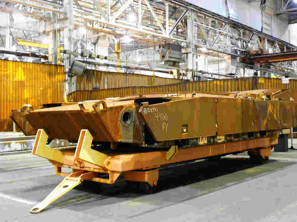 The rusted hull of an old M1A1 tank waits to be restored at the General Dynamics Land Systems plant in Lima, Ohio.