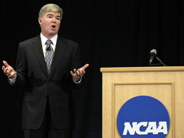 NCAA President Mark Emmert answers questions about the sanctions against Penn State's football team during a news conference in Indianapolis, Monday, July 23, 2012. The NCAA slammed Penn State with an unprecedented series of penalties in the wake of the Jerry Sandusky child sex abuse scandal.