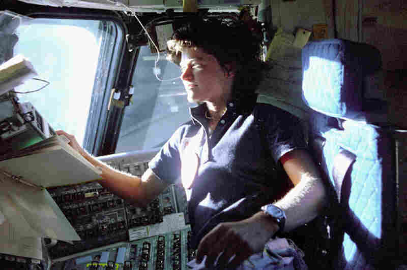 Sally Ride monitors the control panels from the pilot's chair on the shuttle Columbia in June 1983. Ride, the first American woman in space, died Monday after a 17-month battle with pancreatic cancer.
