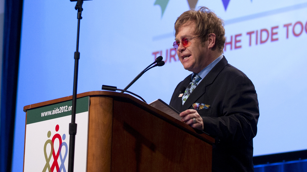 Sir Elton John speaks Monday at the 19th International AIDS Conference in Washington.