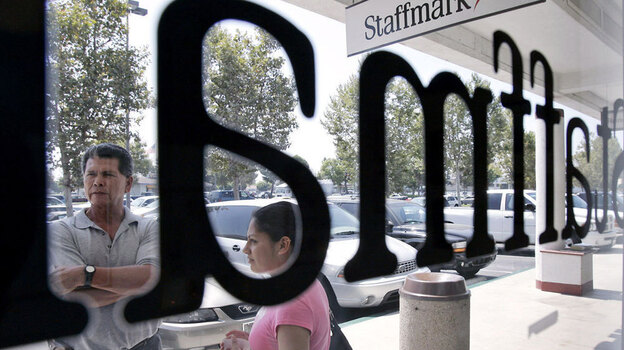 Job applicants outside the Staffmark temp agency in Cypress, Calif., in 2005. Temp hiring is usually a harbinger of an improving job market, but some analysts say more employers may be considering temps as a more permanent staffing solution.