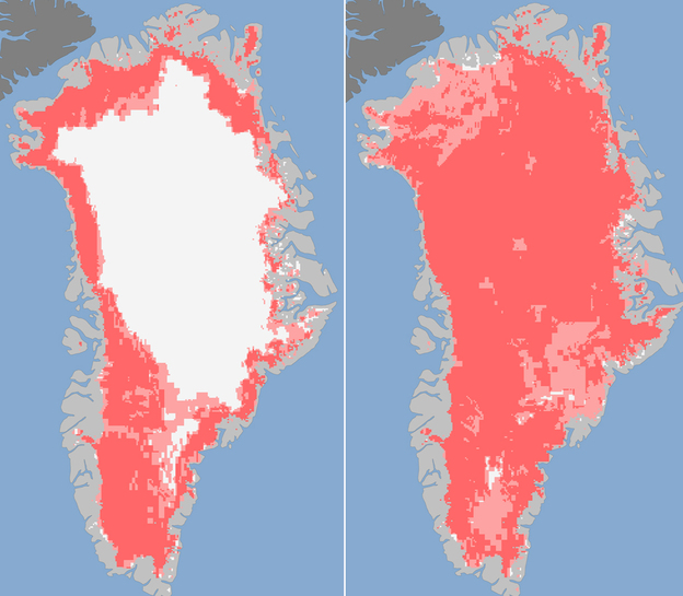 Images released Tuesday show the extent of surface melt on Greenland's ice sheet on July 8 (left) and July 12 (right). Measurements from three satellites showed that on July 8, about 40 percent of the ice sheet had undergone thawing at or near the surface. By July 12, 97 percent of the ice sheet surface had thawed.