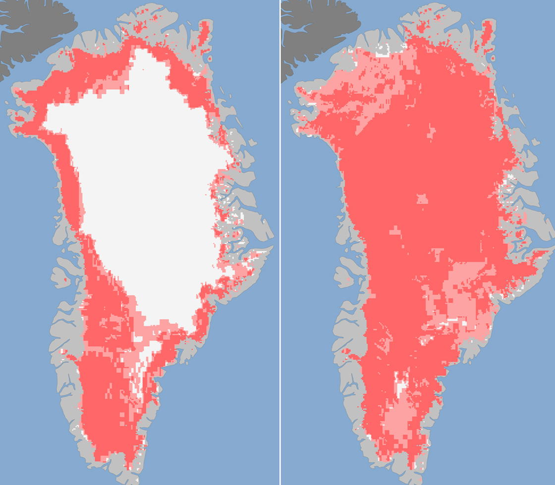 Images released Tuesday show the extent of surface melt on Greenland's ice sheet on July 8 (left) and July 12 (right). Measurements from three satellites showed that on July 8, about 40 percent of the ice sheet had undergone thawing at or near the surface. By July 12, 97 percent of the ice sheet surface had thawed.