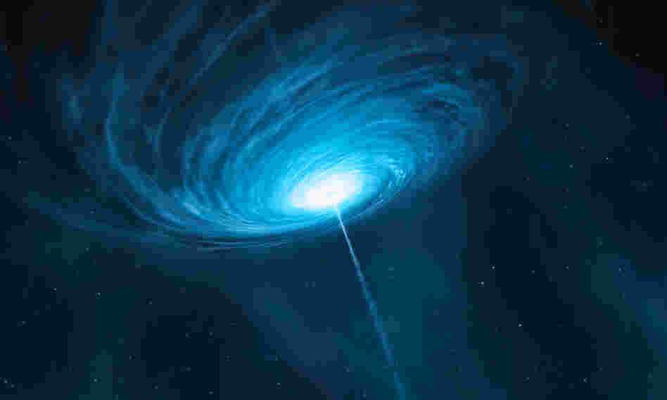 An artist's impression of the quasar 3C 279, about five billion light years away. This quasar contains a black hole with a mass about one billion times that of the sun.