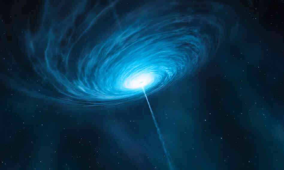 An artist's impression of the quasar 3C 279, about five billion light years away. This quasar contains a black hole with a mass about one billion times that of the sun.