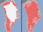 In these illustrations NASA produced from satellite data, the melt in Greenland on July 8 (at left) and July 12 are shown. According to NASA, "the areas classified as 'probable melt' (light pink) correspond to those sites where at least one satellite detected surface melting. The areas classified as 'melt' (dark pink) correspond to sites where two or three satellites detected surface melting." In these illustrations NASA produced from satellite data, the melt in Greenland on July 8 (at left) and July 12 are shown. According to NASA, "the areas classified as 'probable melt' (light pink) correspond to those sites where at least one satellite detected surface melting. The areas classified as 'melt' (dark pink) correspond to sites where two or three satellites detected surface melting."