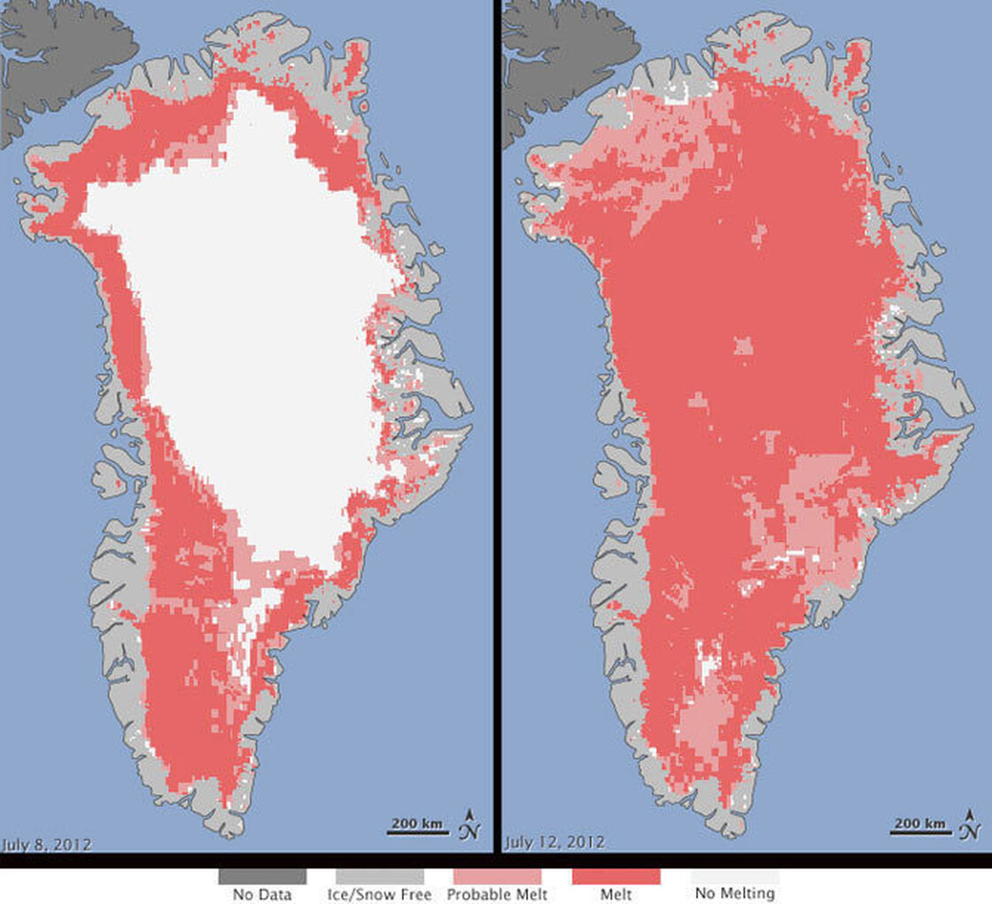 In these illustrations NASA produced from satellite data, the melt in Greenland on July 8 (at left) and July 12 are shown. According to NASA, "the areas classified as 'probable melt' (light pink) correspond to those sites where at least one satellite detected surface melting. The areas classified as 'melt' (dark pink) correspond to sites where two or three satellites detected surface melting."