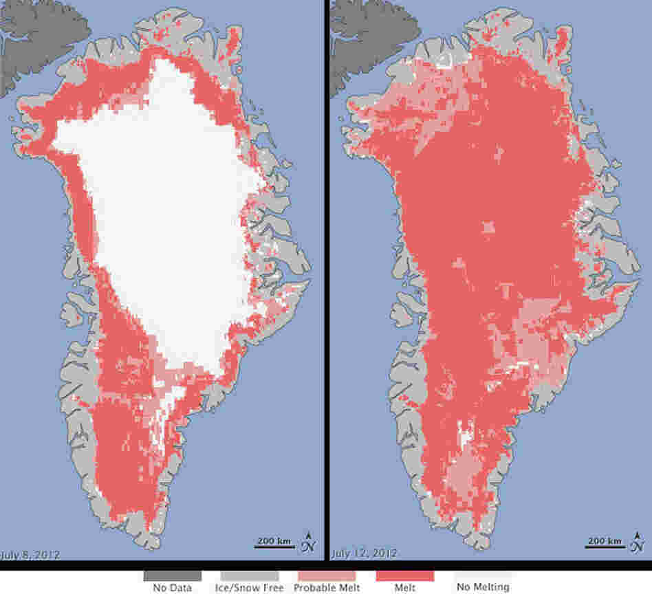 In these illustrations NASA produced from satellite data, the melt in Greenland on July 8 (at left) and July 12 are shown. According to NASA, "the areas classified as 'probable melt' (light pink) correspond to those sites where at least one satellite detected surface melting. The areas classified as 'melt' (dark pink) correspond to sites where two or three satellites detected surface melting."