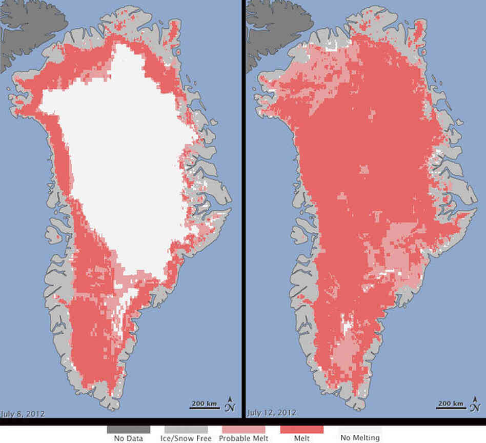 In these illustrations NASA produced from satellite data, the melt in Greenland on July 8 (at left) and July 12 are shown. According to NASA, "the areas classified as 'probable melt' (light pink) correspond to those sites where at least one satellite detected surface melting. The areas classified as 'melt' (dark pink) correspond to sites where two or three satellites detected surface melting."