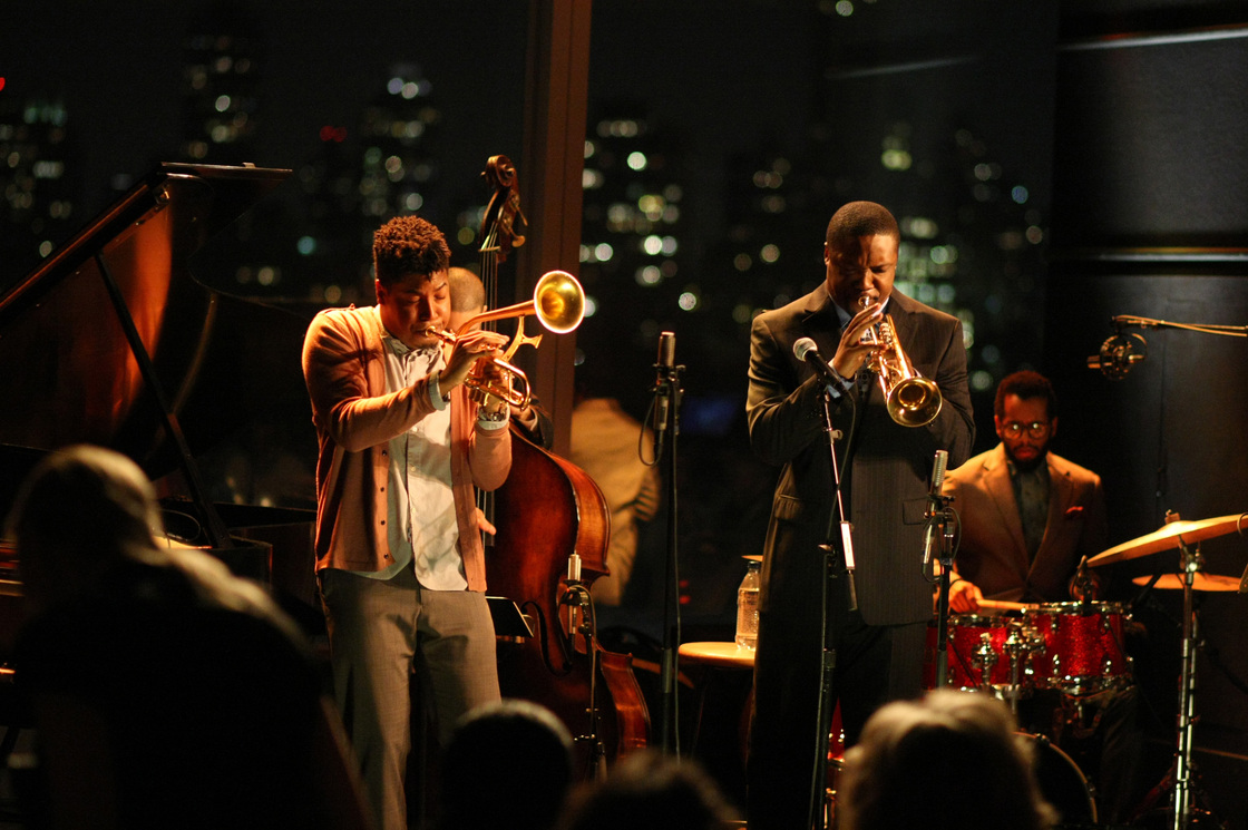 Christian Scott (left, playing himself) and Rob Brown (playing Delmond Lambreaux) perform at Jazz at Lincoln Center in the program Treme.