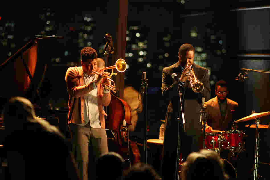 Christian Scott (left, playing himself) and Rob Brown (playing Delmond Lambreaux) perform at Jazz at Lincoln Center in the program Treme.
