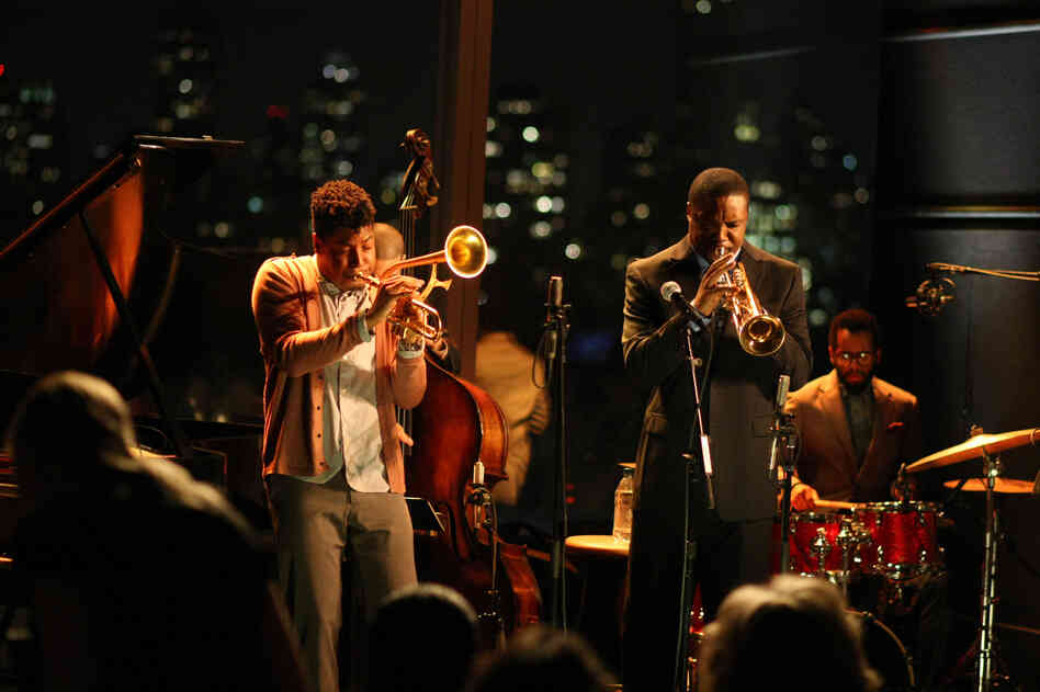 Christian Scott (left, playing himself) and Rob Brown (playing Delmond Lambreaux) perform at Jazz at Lincoln Center in the program Treme.