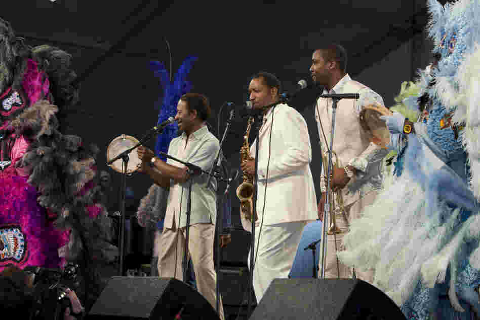 Albert Lambreaux (Clarke Peters), Donald Harrison and Delmond Lambreaux (Rob Brown) perform with Mardi Gras Indians at the New Orleans Jazz and Heritage Festival, on Treme.