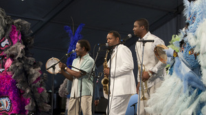 Albert Lambreaux (Clarke Peters), Donald Harrison and Delmond Lambreaux (Rob Brown) perform with Mardi Gras Indians at the New Orleans Jazz and Heritage Festival, on Treme.