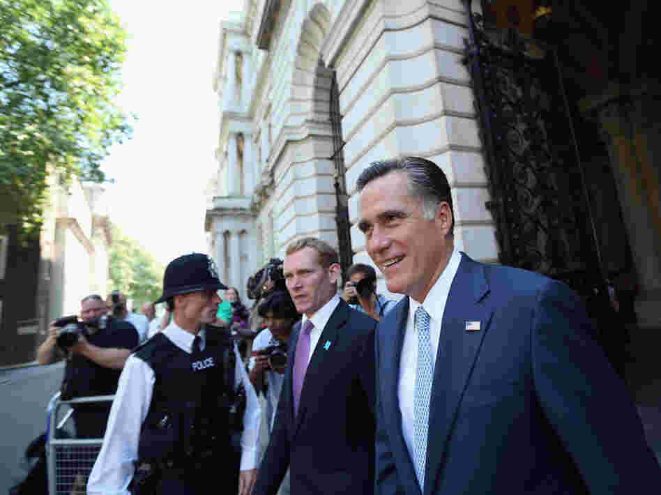 Republican presidential candidate Mitt Romney arrives at Downing Street in London on Thursday to meet with British Prime Minister David Cameron.