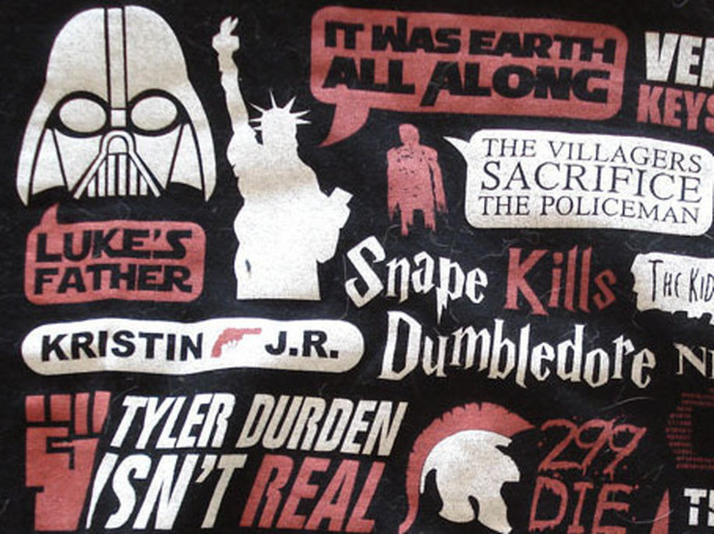 A T-shirt with many of the most infamous spoilers from movies, books and TV. A new study suggests that spoilers actually increase our enjoyment rather than ruin it.