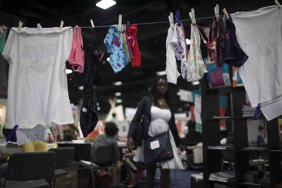 Women's garments hang from a clothesline at the Women's Network Area in the Global Health. The area promoted the diversity and pride of woman around the world.