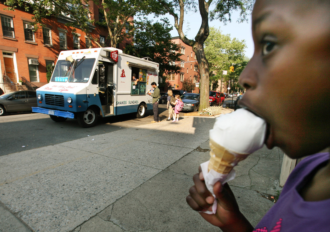 A Mister Softee ice cream truck makes its way through the streets of Brooklyn, New York in 2007.
