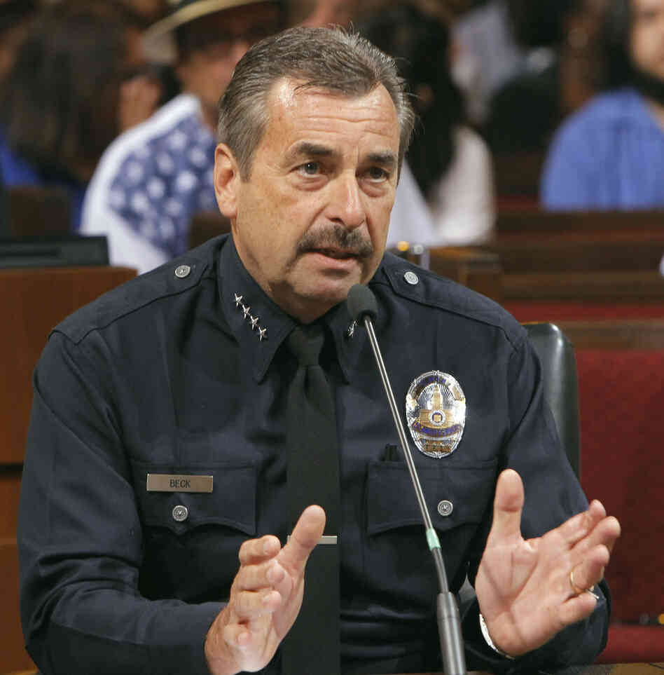 At a Los Angeles City Council meeting Tuesday, Los Angeles Police Chief Charlie Beck says large, for-profit pot dispensaries "cause a public danger." At a Los Angeles City Council meeting Tuesday, Los Angeles Police Chief Charlie Beck says large, for-profit pot dispensaries "cause a public danger."