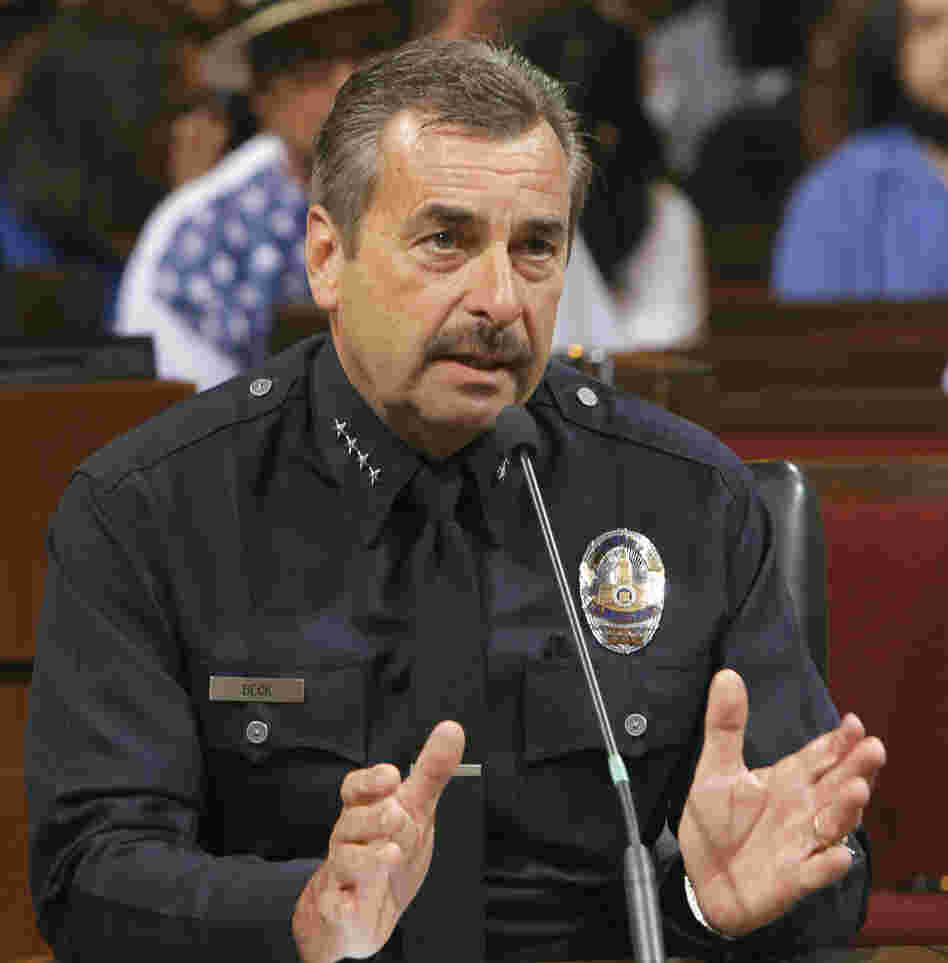 At a Los Angeles City Council meeting Tuesday, Los Angeles Police Chief Charlie Beck says large, for-profit pot dispensaries "cause a public danger." At a Los Angeles City Council meeting Tuesday, Los Angeles Police Chief Charlie Beck says large, for-profit pot dispensaries "cause a public danger."