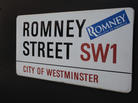 A campaign sticker for Republican presidential candidate Mitt Romney on a sign for Romney Street in London on Wednesday, as Romney arrived in the city ahead of the Olympic Games.