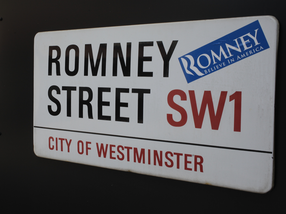 A campaign sticker for Republican presidential candidate Mitt Romney on a sign for Romney Street in London on Wednesday, as Romney arrived in the city ahead of the Olympic Games.