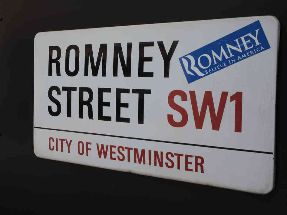 A campaign sticker for Republican presidential candidate Mitt Romney on a sign for Romney Street in London on Wednesday, as Romney arrived in the city ahead of the Olympic Games.