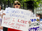 Protesters from the Human Rights Campaign chant against Chick-fil-A President Dan Cathy's anti-gay marriage stance in front of a Chick-fil-A food truck in Washington, D.C., on Thursday. Protesters from the Human Rights Campaign chant against Chick-fil-A President Dan Cathy's anti-gay marriage stance in front of a Chick-fil-A food truck in Washington, D.C., on Thursday.