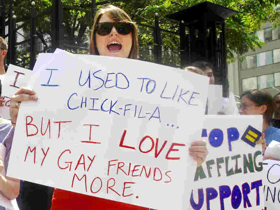 Protesters from the Human Rights Campaign chant against Chick-fil-A President Dan Cathy's anti-gay marriage stance in front of a Chick-fil-A food truck in Washington, D.C., on Thursday.